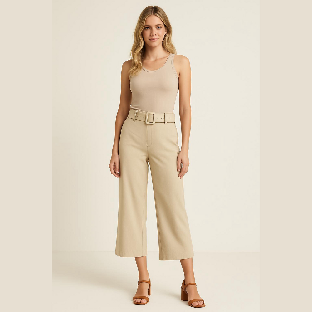 Rachel Zoe Cream Wide-Leg Capri Pants with Belt Sz 14